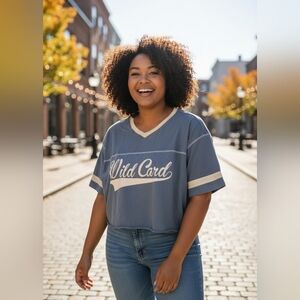 Torrid Wild Card Cropped Graphic Tee | Blue V-Neck Varsity Style Size 0X